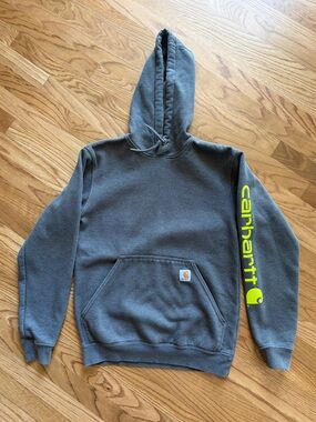 Carhartt Men's Charcoal Hooded Sweatshirt with Neon Yellow Logo